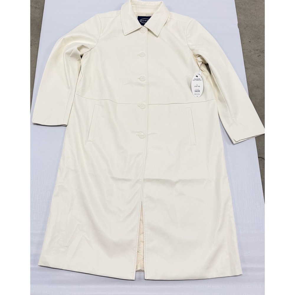 Scoop Faux Leather Utility Trench Coat Winter White‎ Vegan Long Jacket Womens L